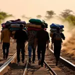 Migrants Walking Along Train Tracks