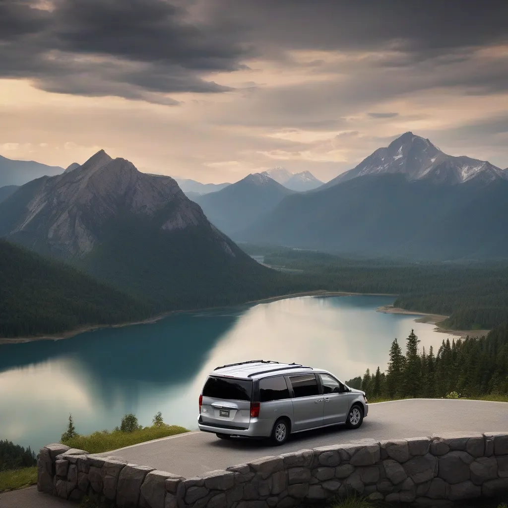 Minivan Parked Near a Serene Mountain Lake