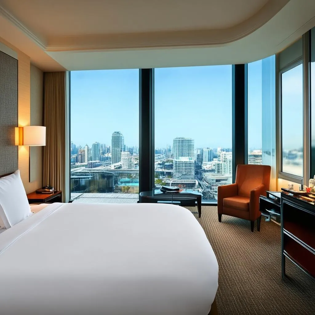 Modern hotel room with a city view