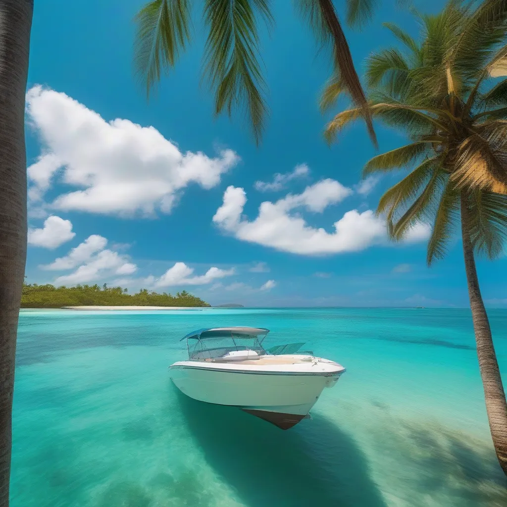 Motorboat anchored near a tropical island