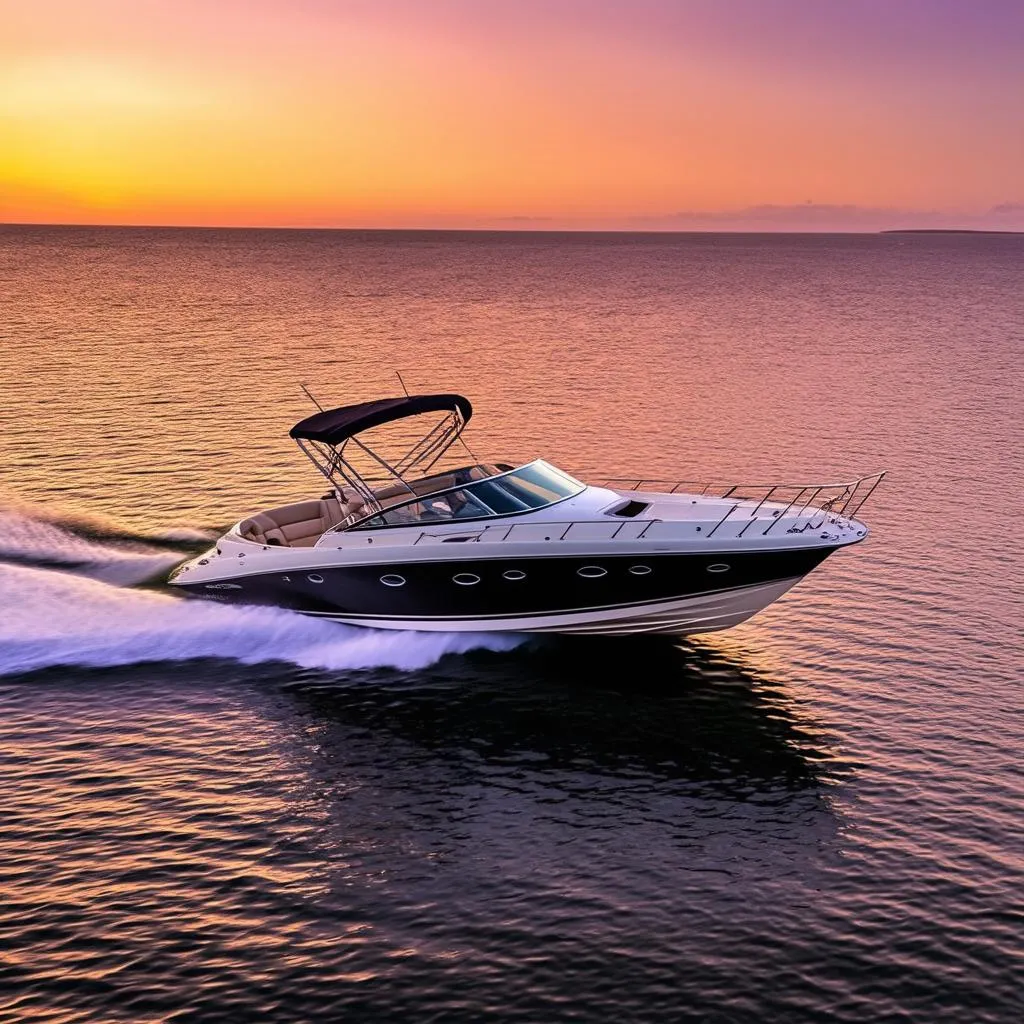 Motorboat on Open Water at Sunset