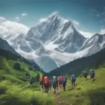 Mountain range with trekkers