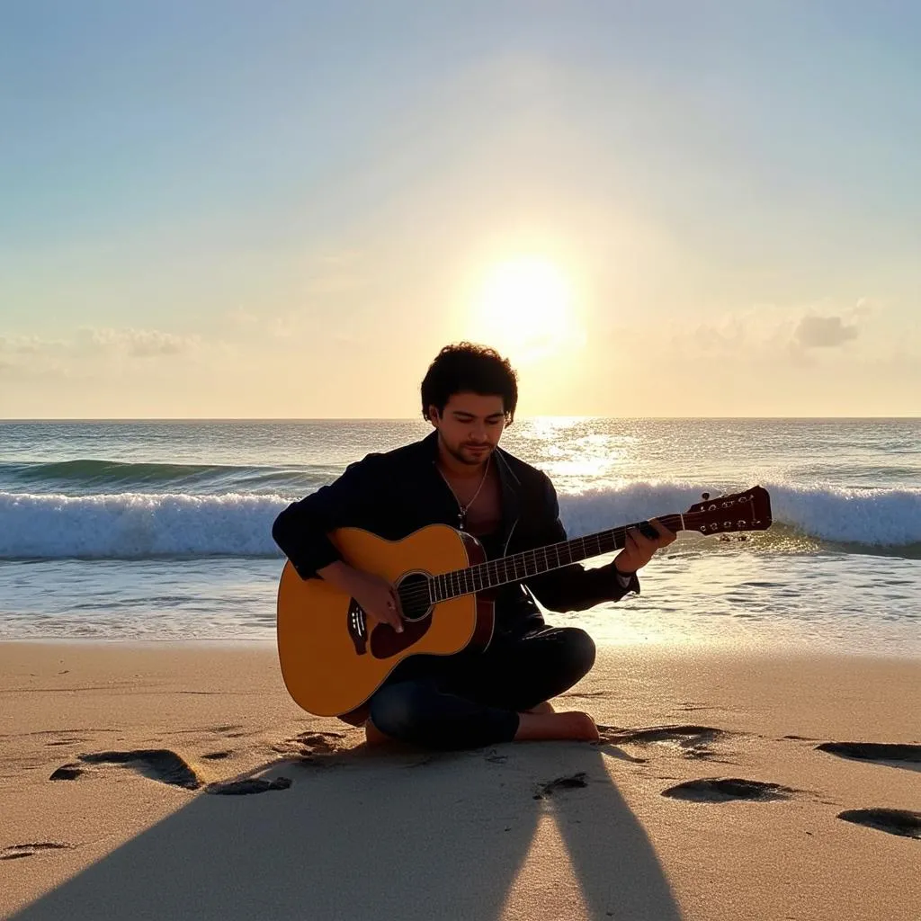 Musician Playing Guitar on a Beach