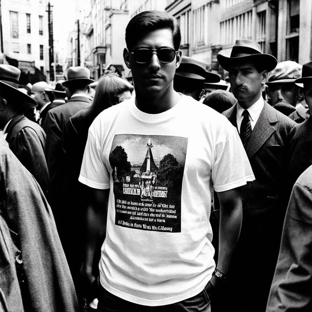 Man with Sunglasses and Modern Clothing in a Crowd of People Dressed in Vintage Attire