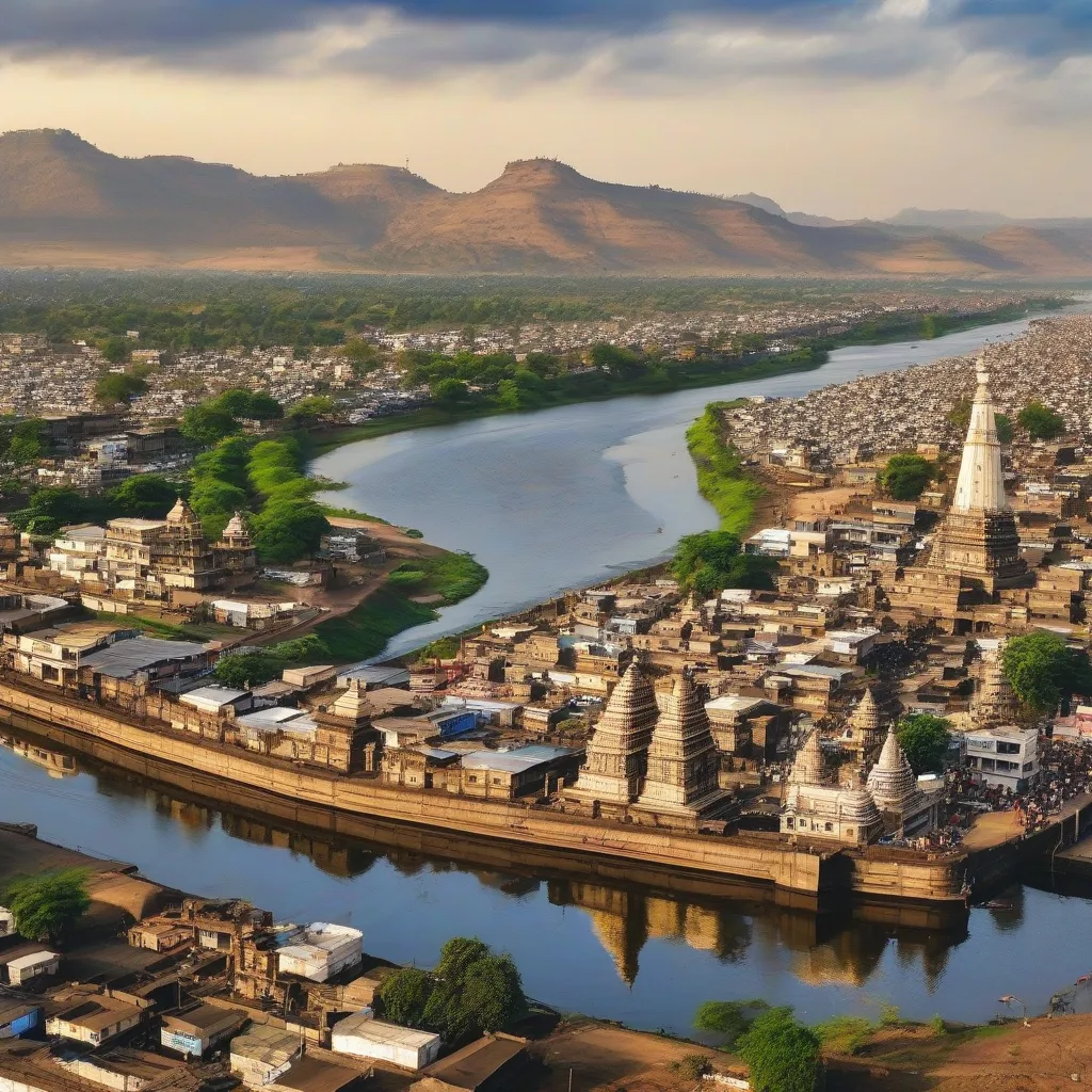 View of Nashik city with river and temples