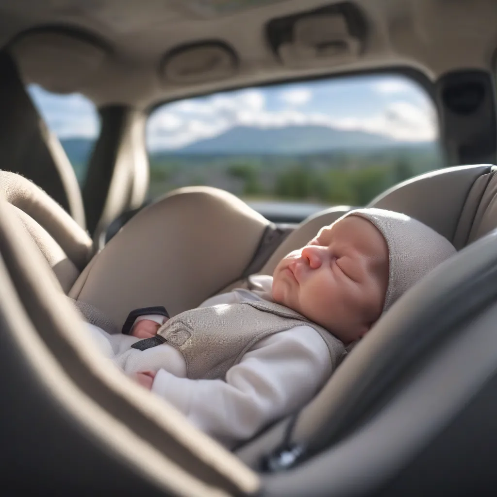 Newborn Sleeping Peacefully in Car Seat During Road Trip