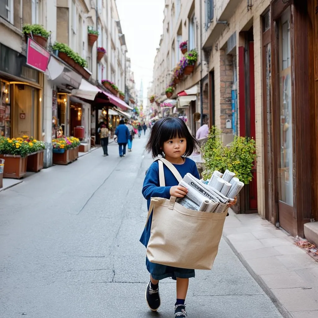 A young girl delivering newspapers on a bustling city street lined with shops and apartments.