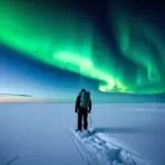 A lone traveler uses the North Star to navigate the vast, snow-covered expanse of the Arctic.