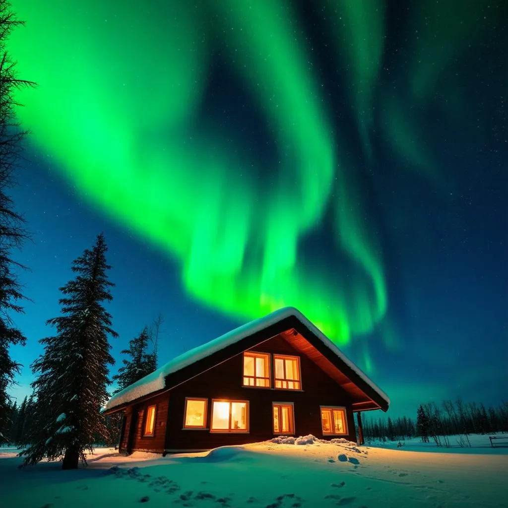 Northern Lights over a cozy cabin in Lapland