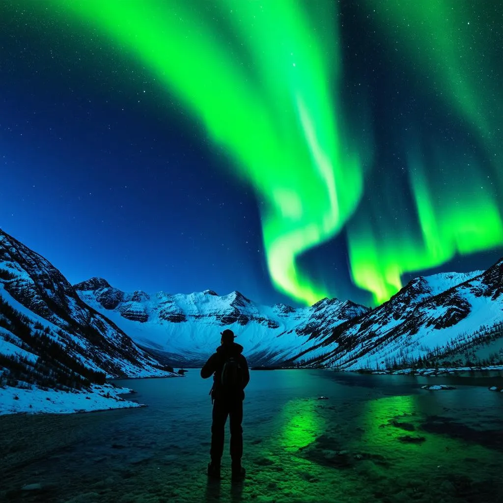 Aurora Borealis over snow-capped mountains