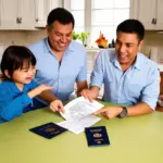 Family preparing travel documents