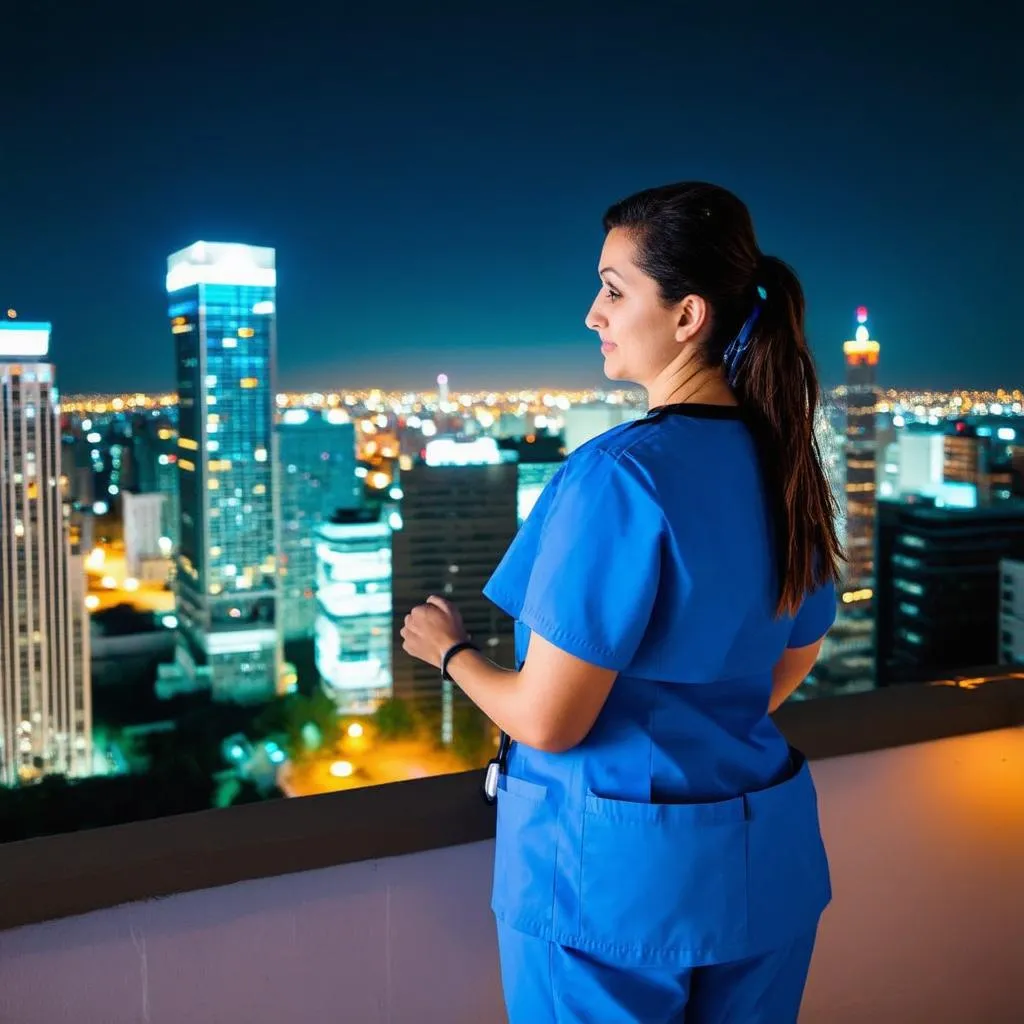 Nurse Looking at City Skyline