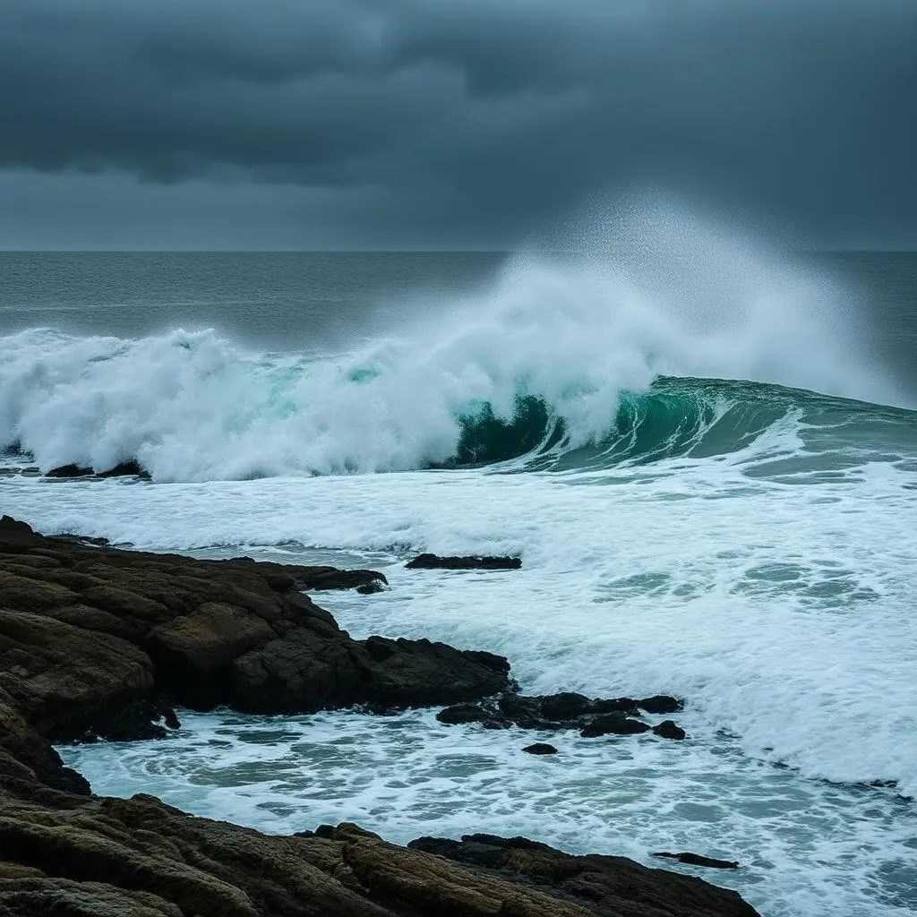 Ocean Waves Crashing on a Rocky Shore