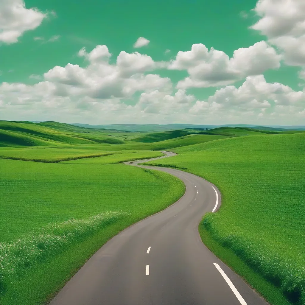 A winding open road through a lush green field with a bright blue sky and fluffy white clouds.