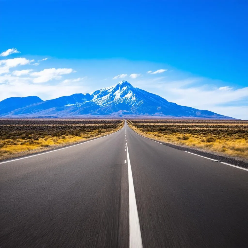 A long, open road stretches out before the viewer, leading to a majestic mountain range in the distance. The sky is a brilliant blue, and fluffy white clouds dot the horizon.