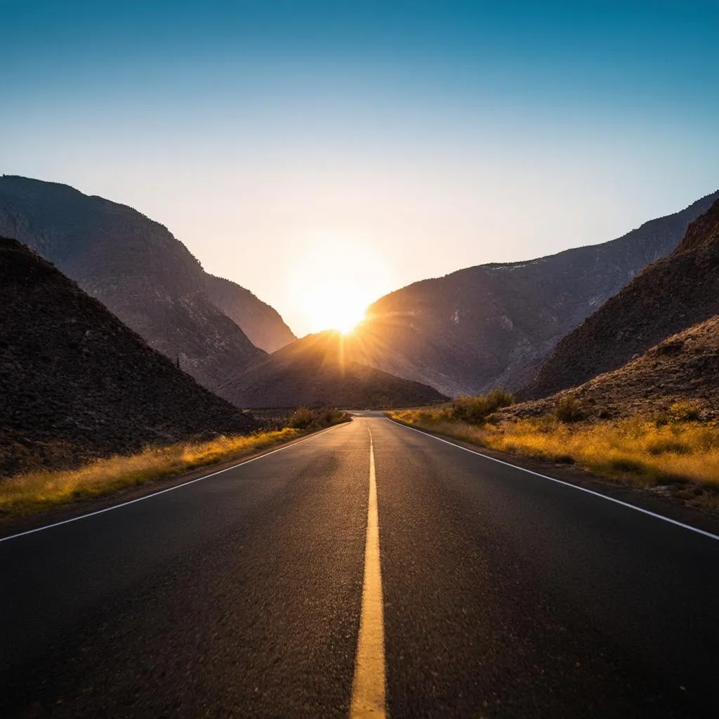 A winding road through a mountainous landscape with a vintage car driving on it, sunset in the background