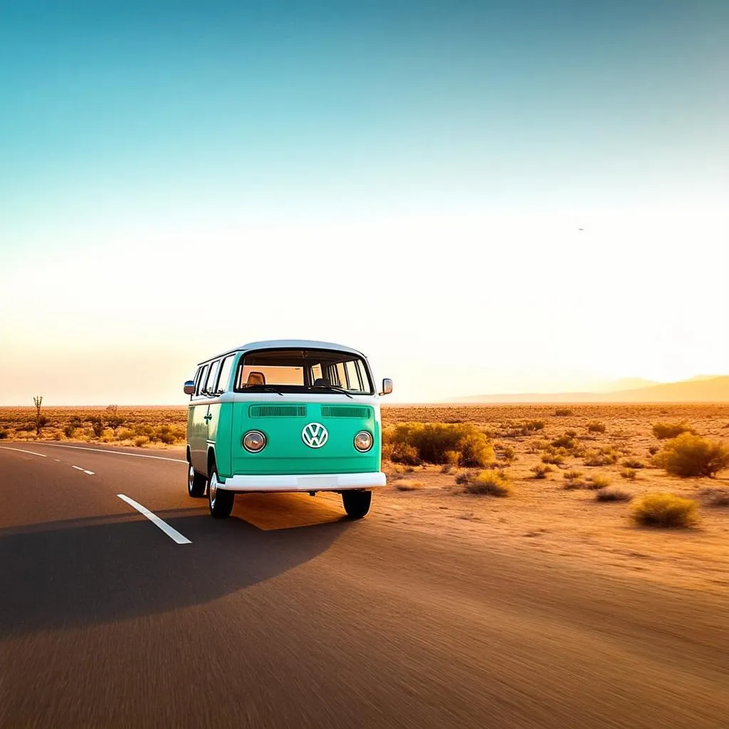 A vintage van travels down an open road, symbolizing the freedom of the wandering salesman lifestyle