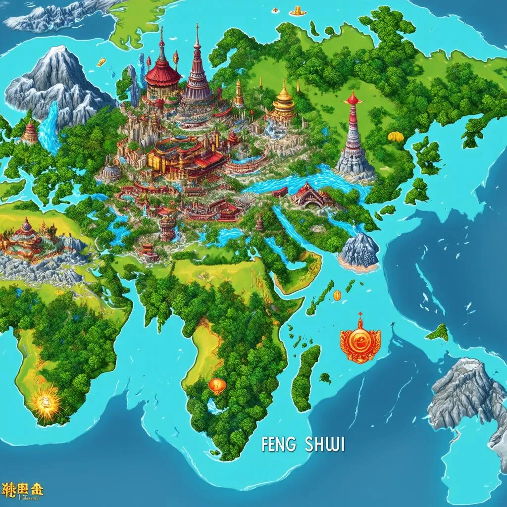 open world game map with feng shui elements