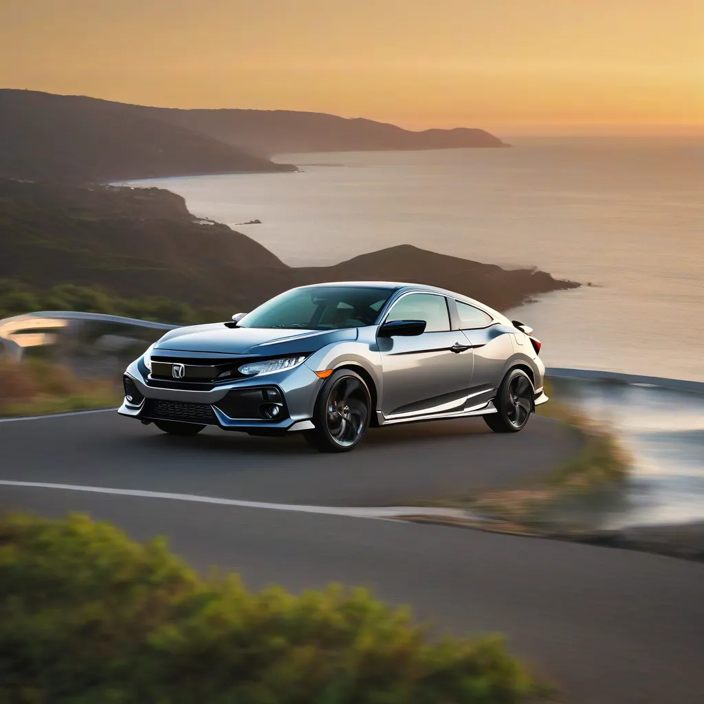 A Honda Civic cruises along the Pacific Coast Highway at sunset