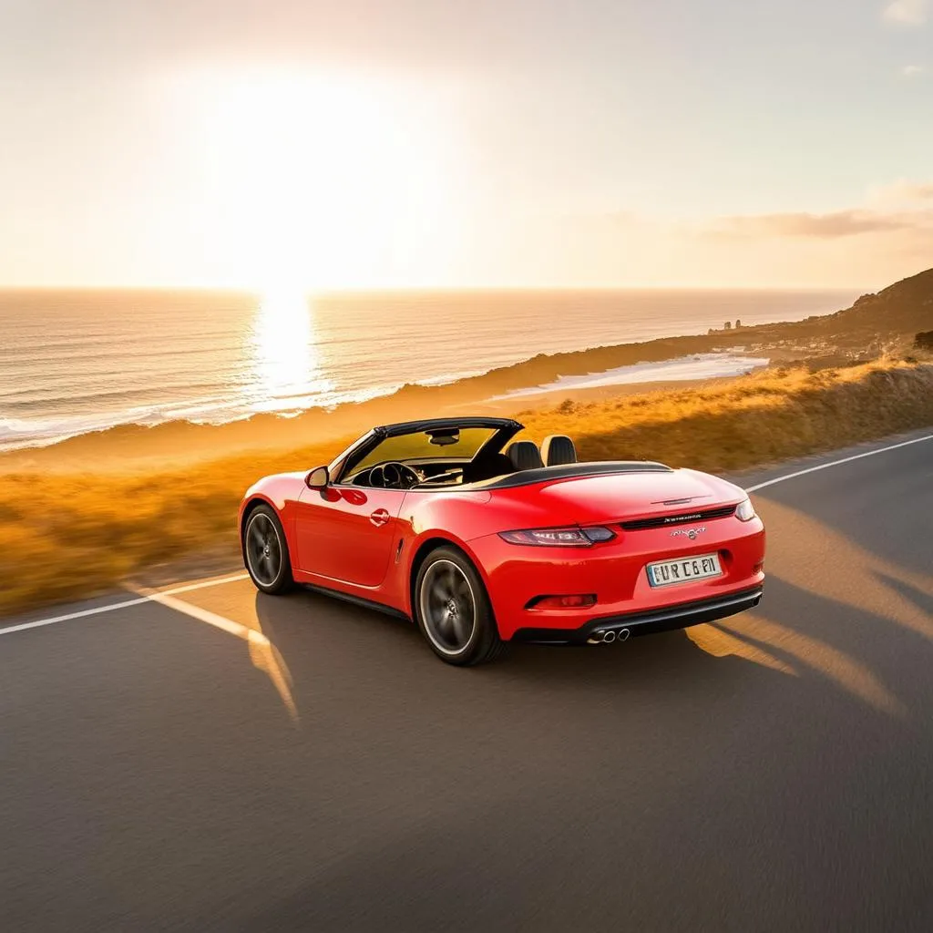 A car speeds along the Pacific Coast Highway