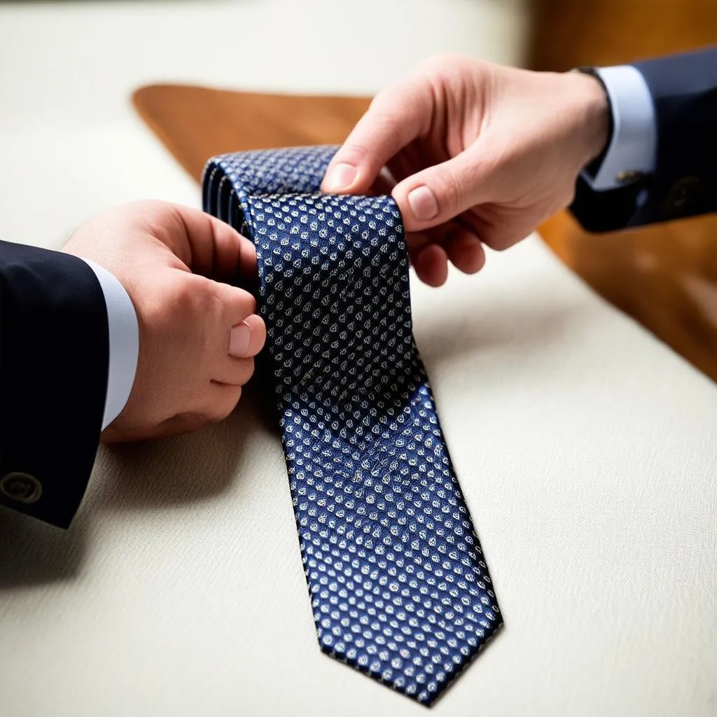 Packing a tie using the roll method.