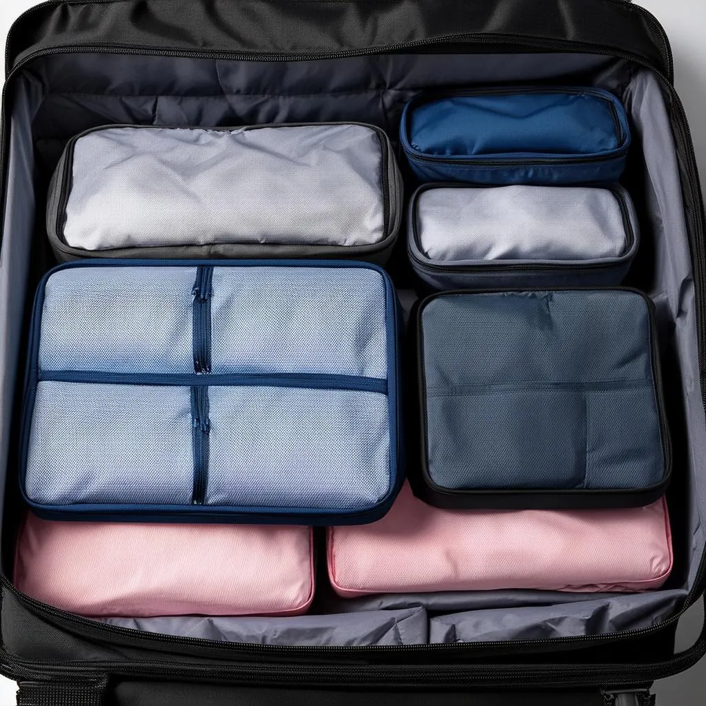 Packing cubes neatly arranged in a suitcase, showcasing their effectiveness in travel organization.