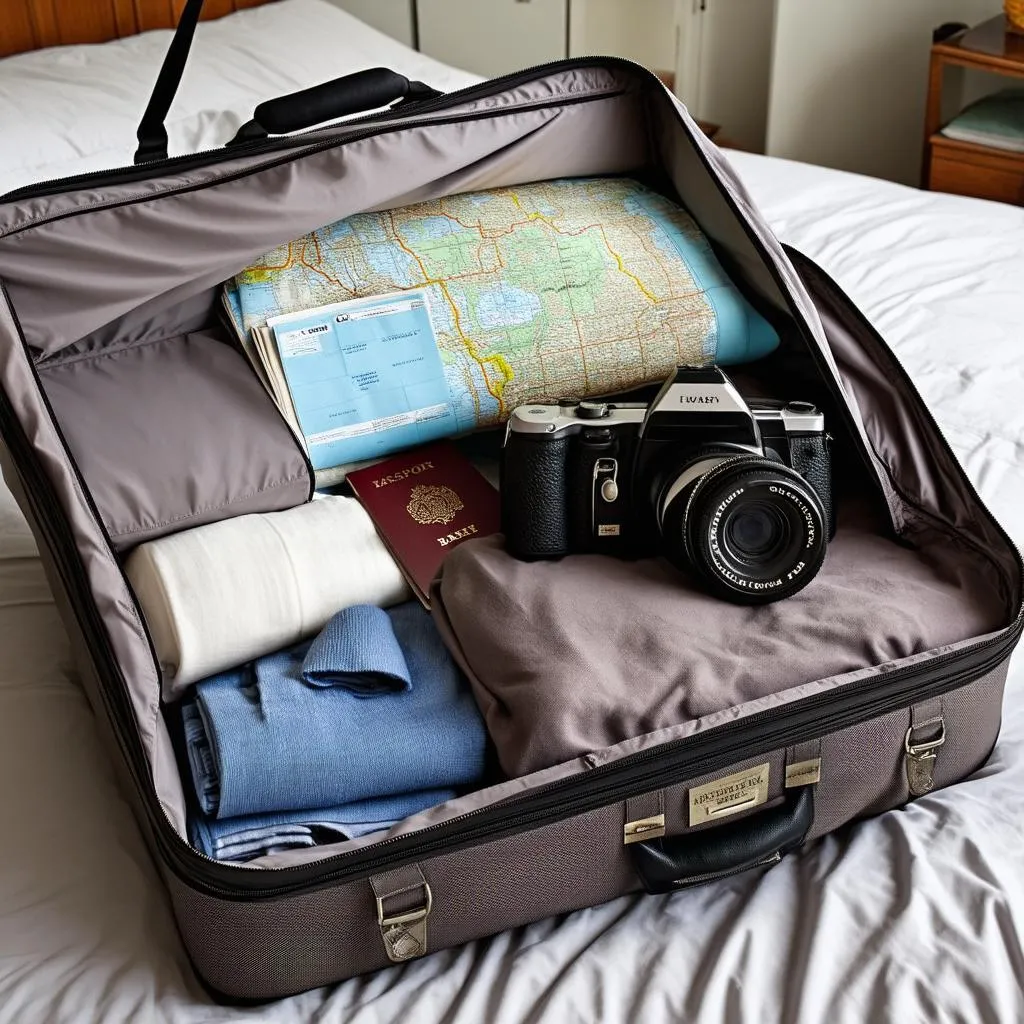 Person packing a suitcase for a trip, including a map, camera, and passport