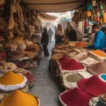 A bustling Palestinian market with vendors selling spices and textiles.