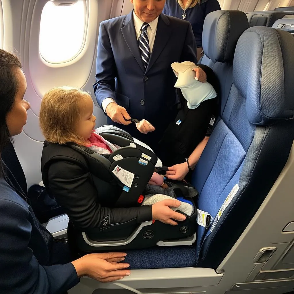 Parents Installing Car Seat on Plane