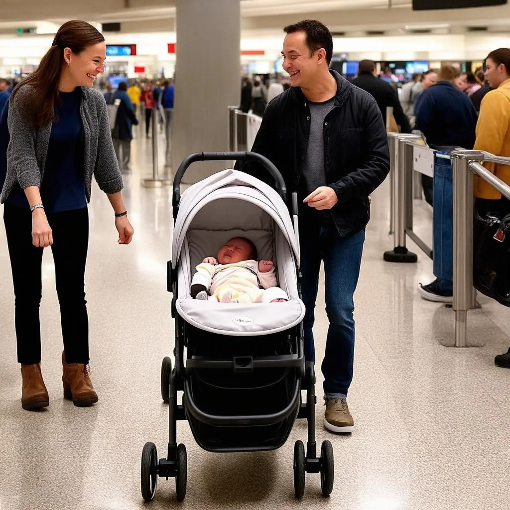 Parents Pushing Baby Stroller in Airport