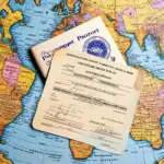 Passport and birth certificate lying on a world map.