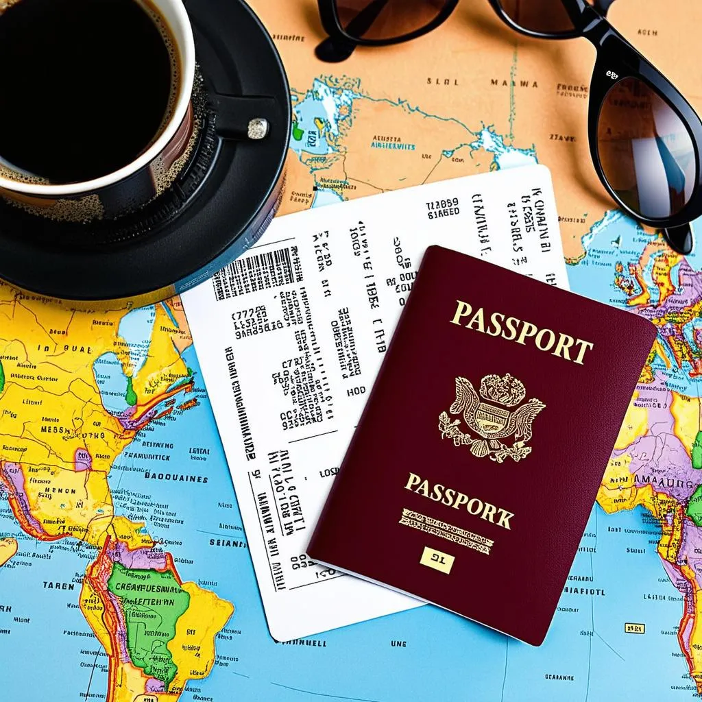 Passport and boarding pass on top of a map