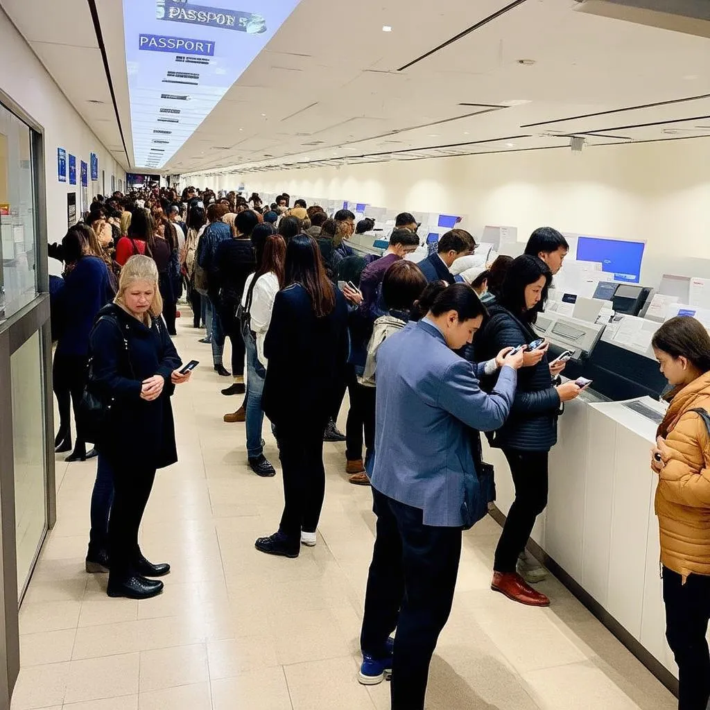 Long line of people waiting at a passport office