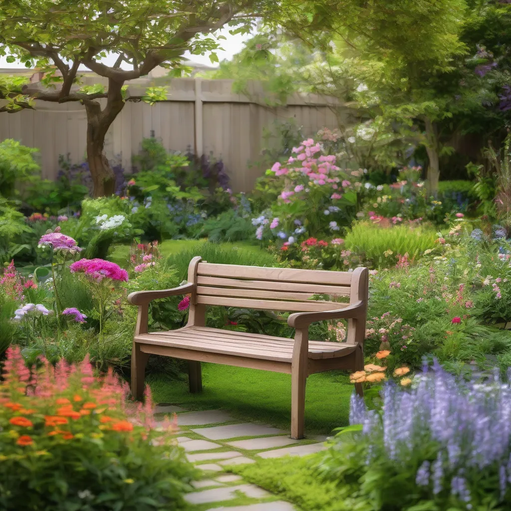 A wooden bench nestled among flowers and greenery in a peaceful garden.