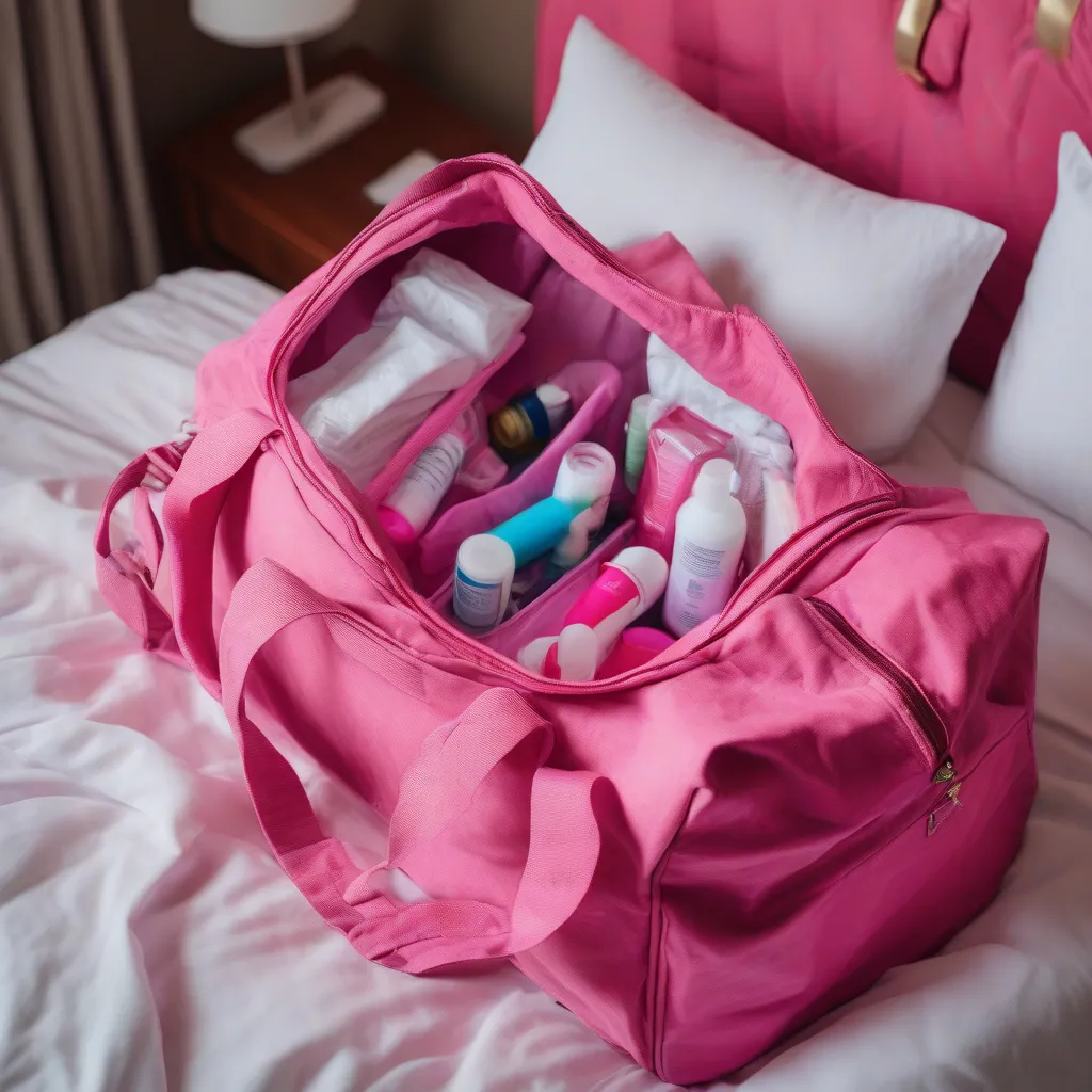 A travel bag open on a bed with period products spilling out