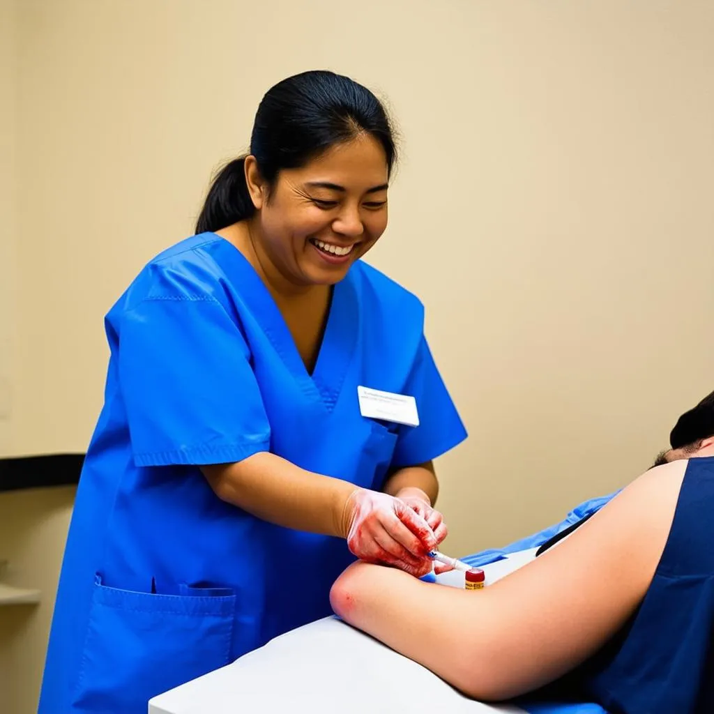 Phlebotomist Drawing Blood in a Hospital Room