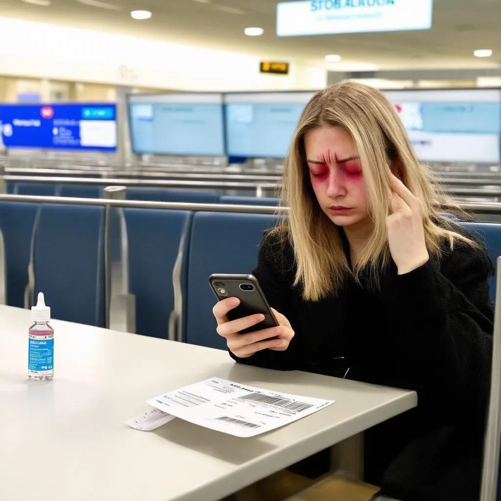 Woman with pink eye looking concerned about her upcoming flight