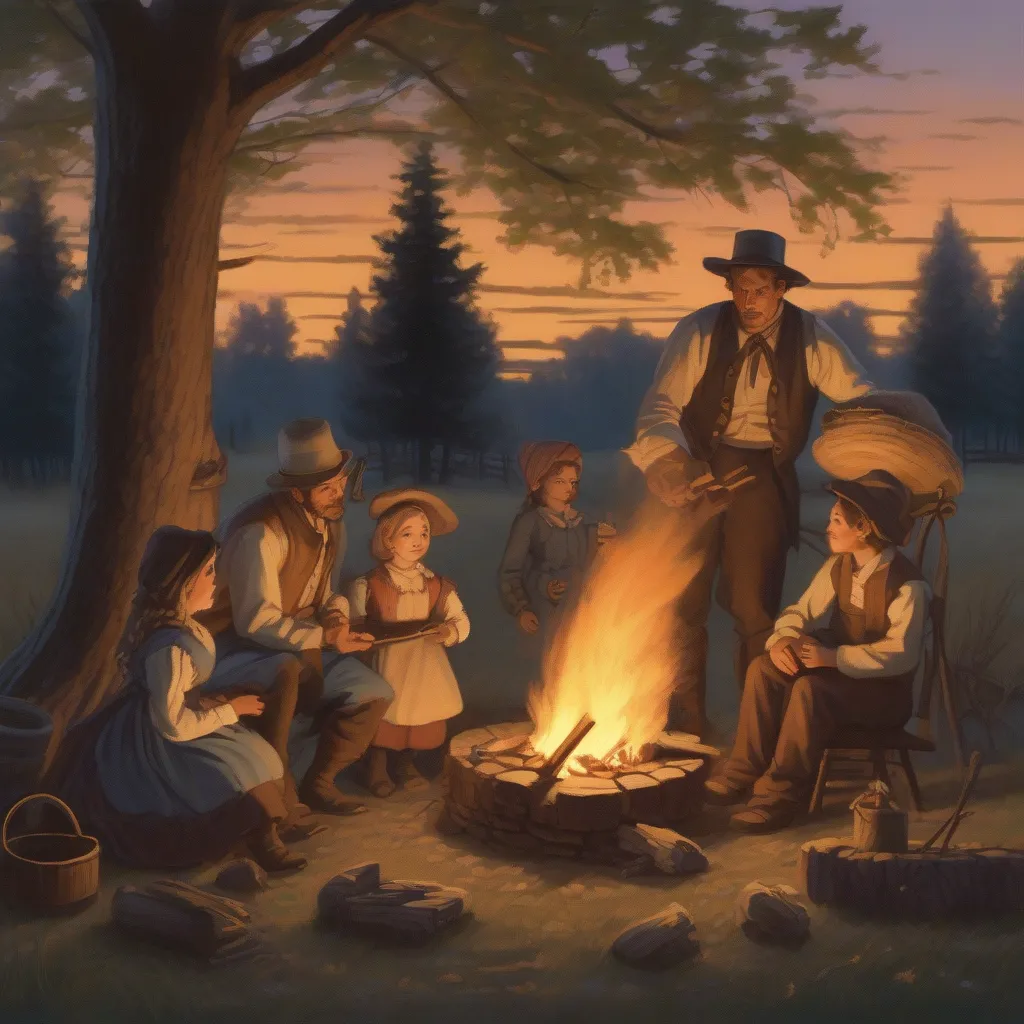 A pioneer family gathered around a campfire