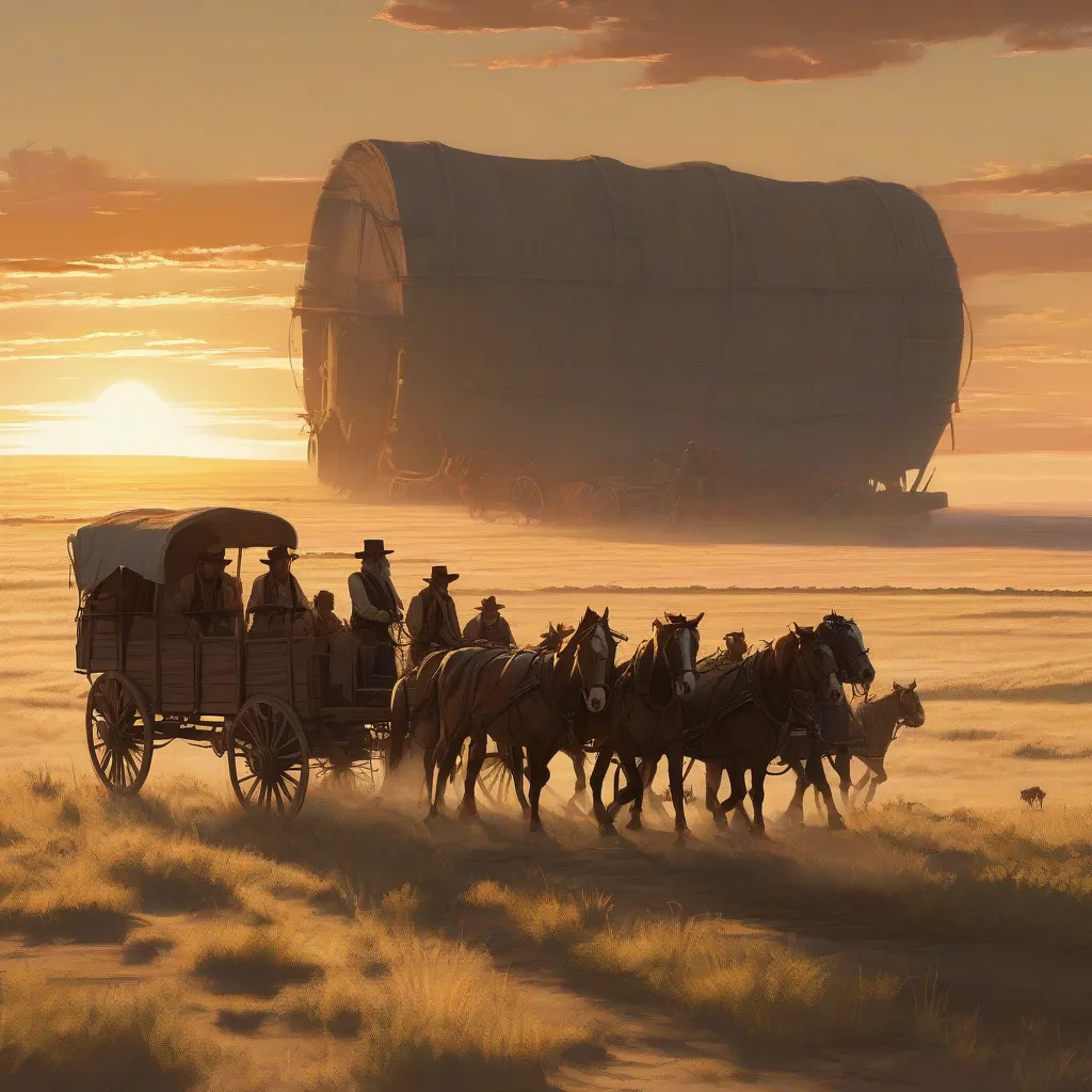 Pioneers traveling in a wagon train across the vast plains