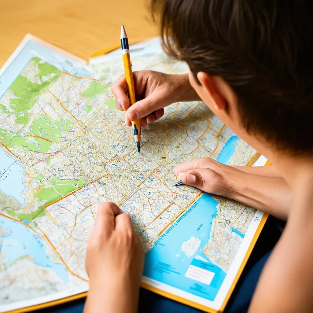 A person looking at a map and planning a trip.