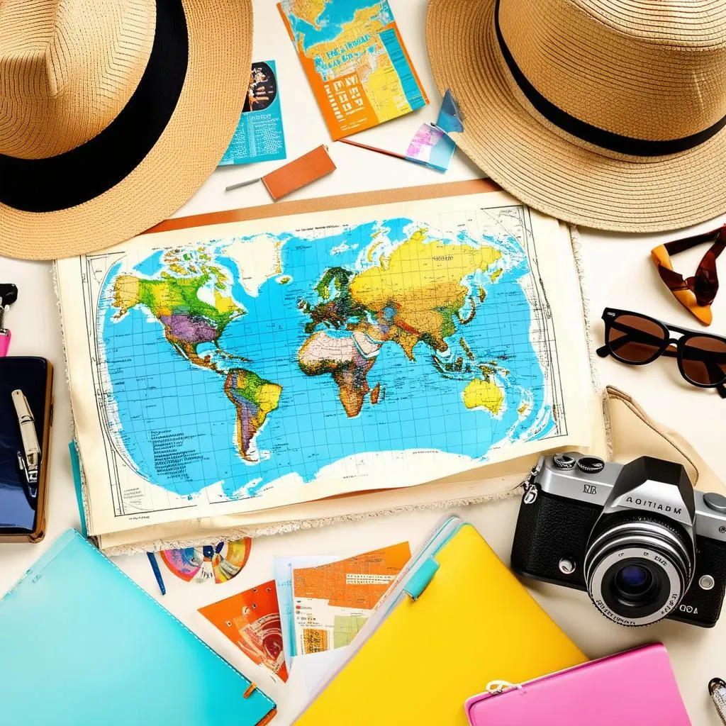 A map lays open on a table, surrounded by travel guides and a camera