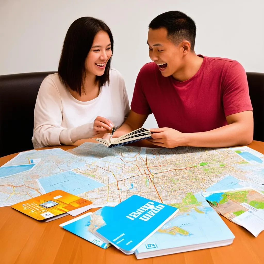 Couple planning their trip with a map and travel card