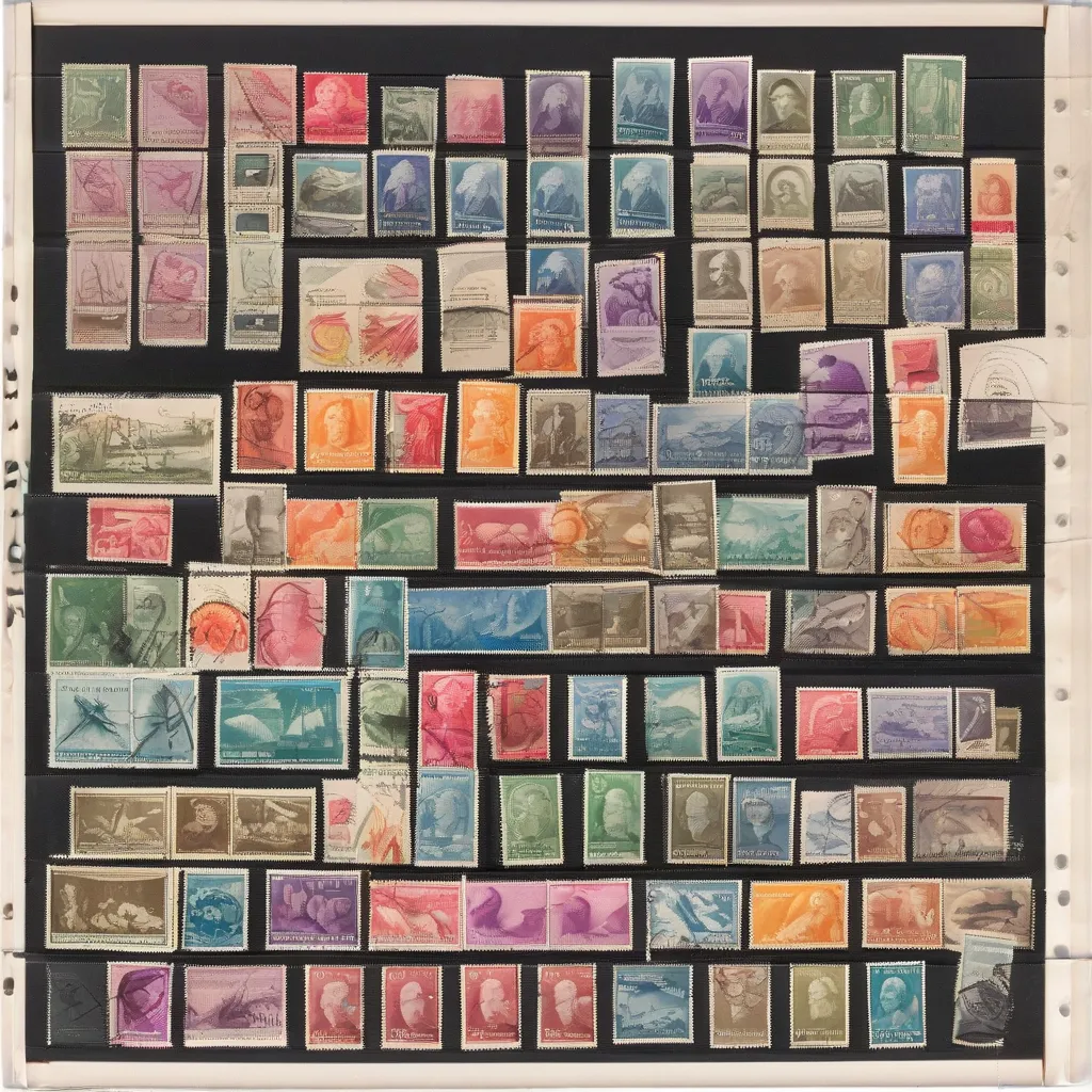 A collection of colorful postage stamps neatly organized in an album