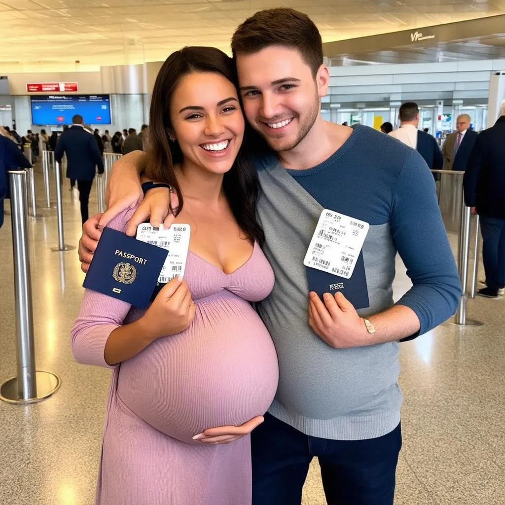 Pregnant Couple Holding Passports and Tickets