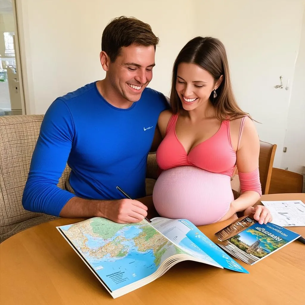 Excited Couple Planning a Trip During Pregnancy