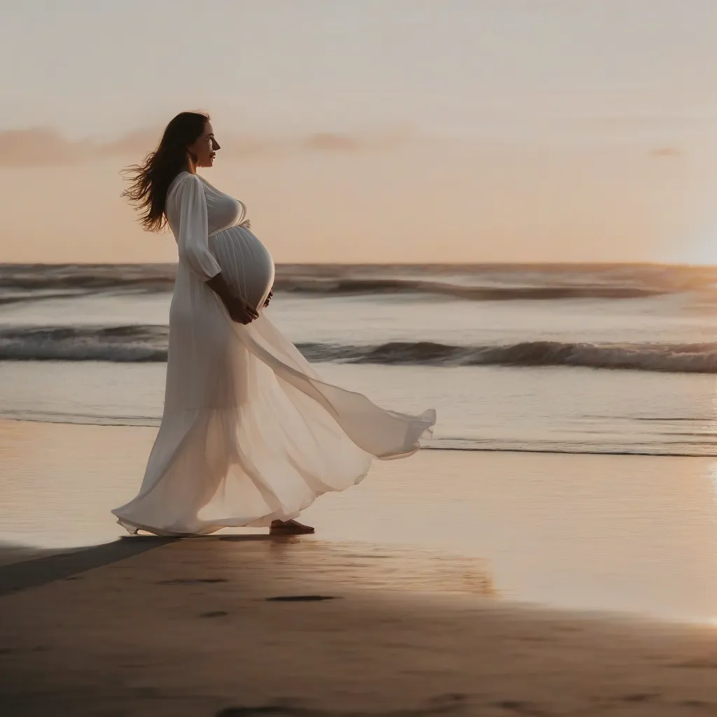 Pregnant woman walking on the beach