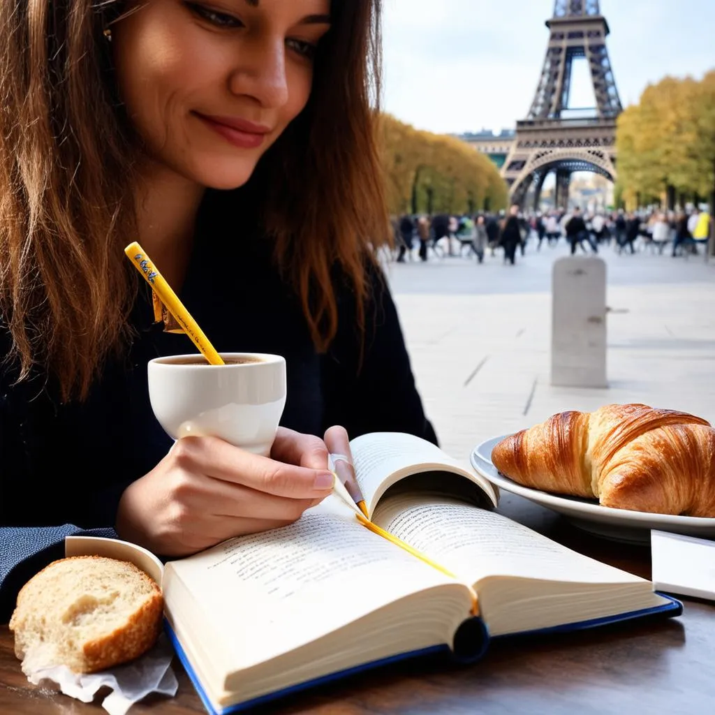 Woman sitting at a cafe table with a view of the Eiffel Tower in Paris