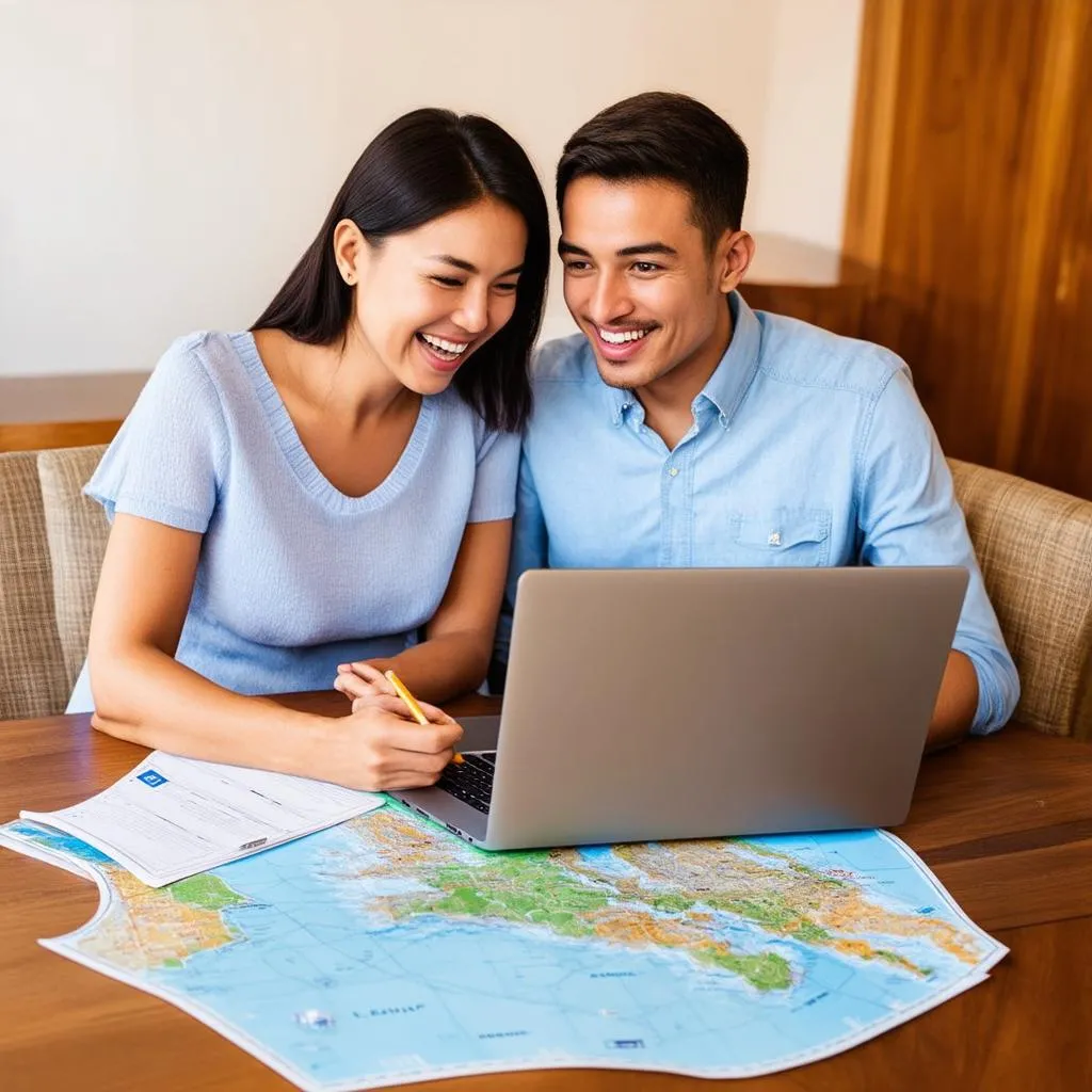 Couple planning a trip using a laptop and map