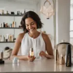 Woman carefully refilling a travel perfume bottle from a larger bottle.