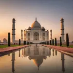 The Taj Mahal's reflecting pool at sunset